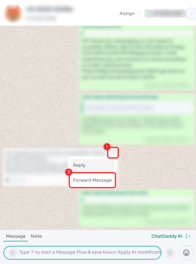 Step 1 — the arrow in the corner of the message bubble (1) opens the menu, where Forward Message sits under Reply (2).