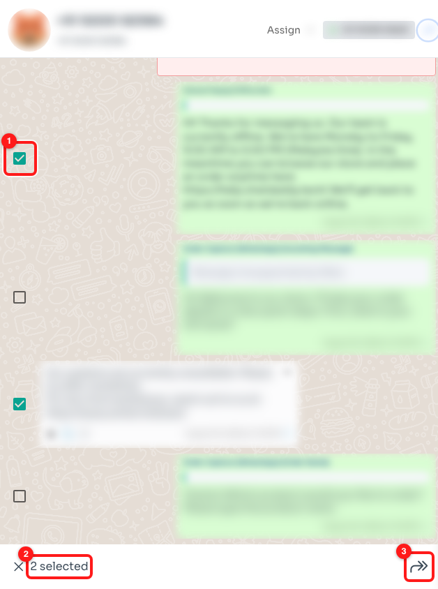 Step 2 — tick each message you want (1), watch the count (2), then click the forward arrow (3).