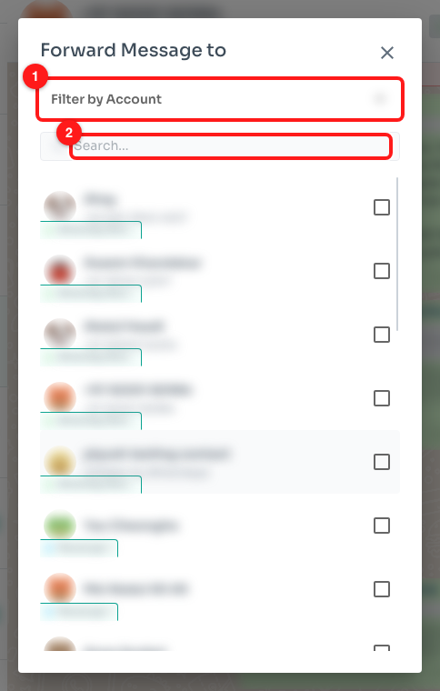 Step 3 — narrow the list to one channel with Filter by Account (1), or type a name or number into Search (2).