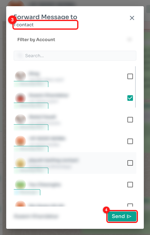 Step 4 — the recipient count sits under the title (3); Send is at the bottom right (4).