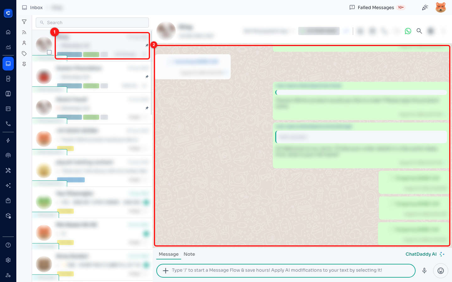 Step 1 — pick the conversation in the chat list (1) and it opens in the message pane (2). Customer details are blurred here; on your screen you will see the real names and messages.