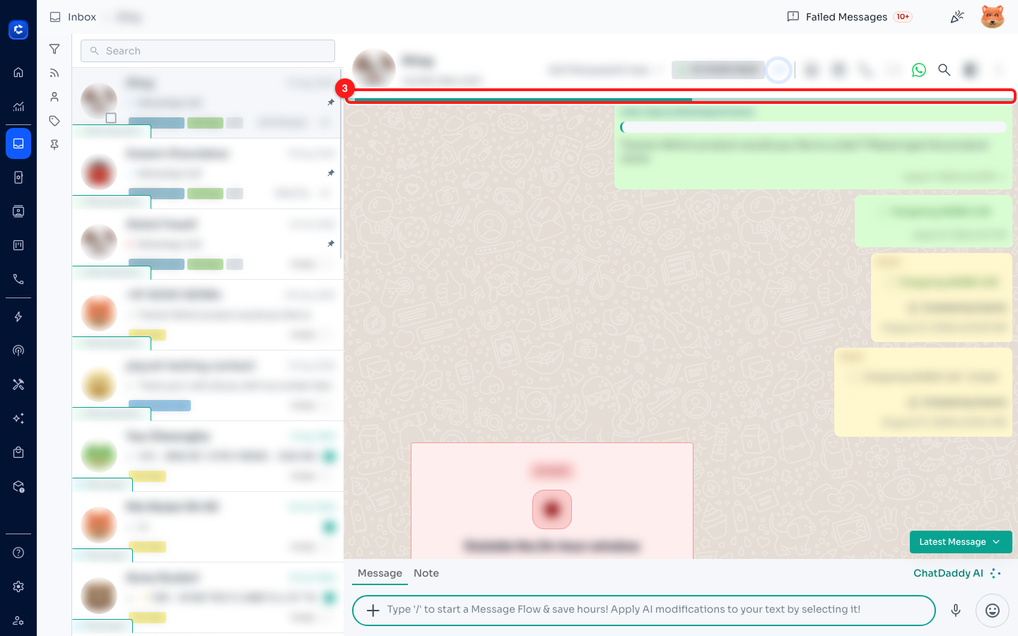 Step 2 — the green progress bar (3) across the top of the conversation while the next batch of messages is fetched.