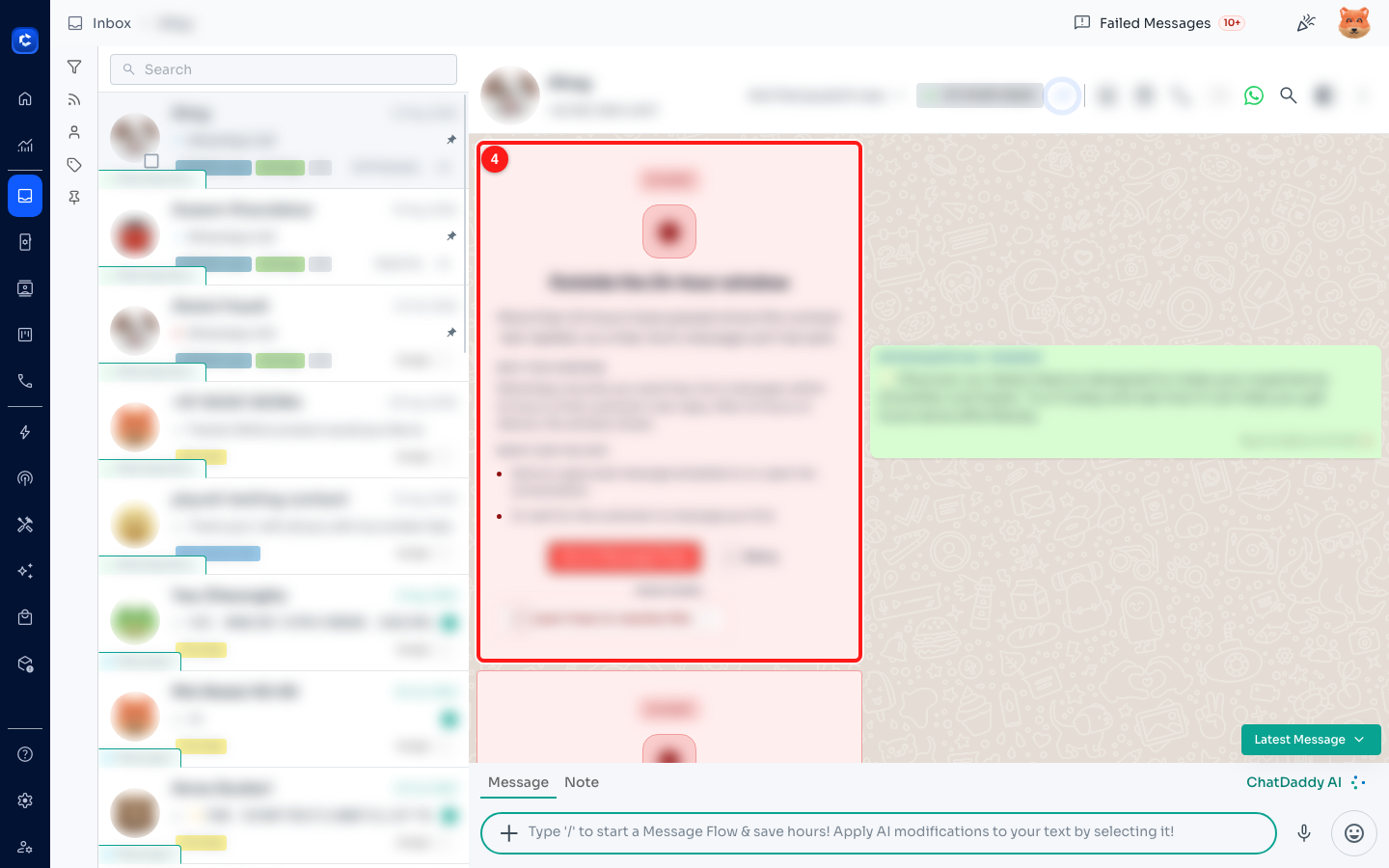 Step 3 — the oldest message ChatDaddy has for this conversation (4). Nothing loads above it because there is nothing more stored.