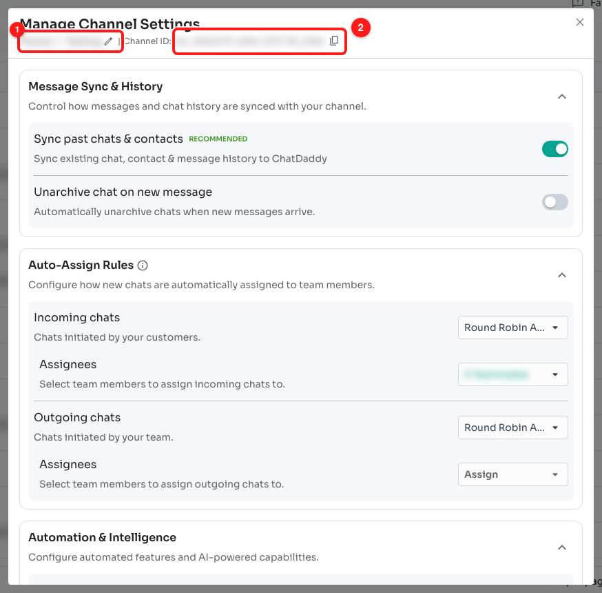 Step 2 — the channel nickname and its pencil (1), and the Channel ID with its copy button (2). Both are blurred here because they are specific to one account.