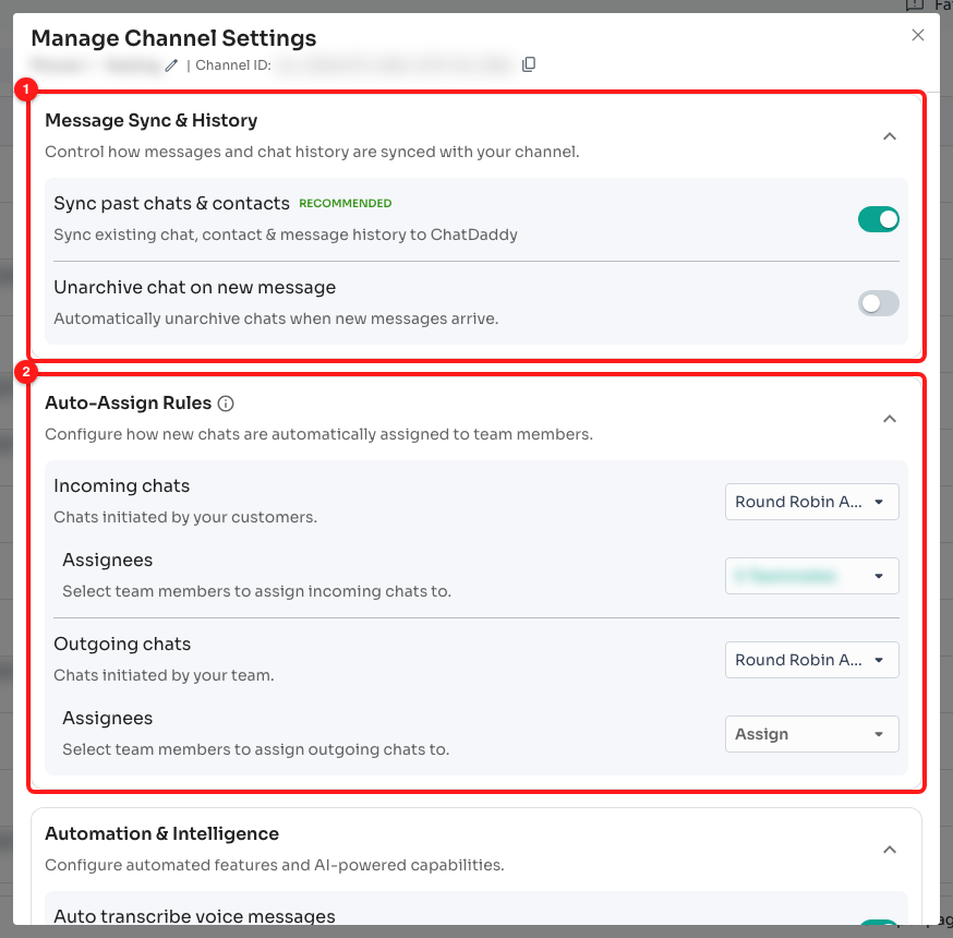 Step 3 — Message Sync & History (1) and Auto-Assign Rules (2).