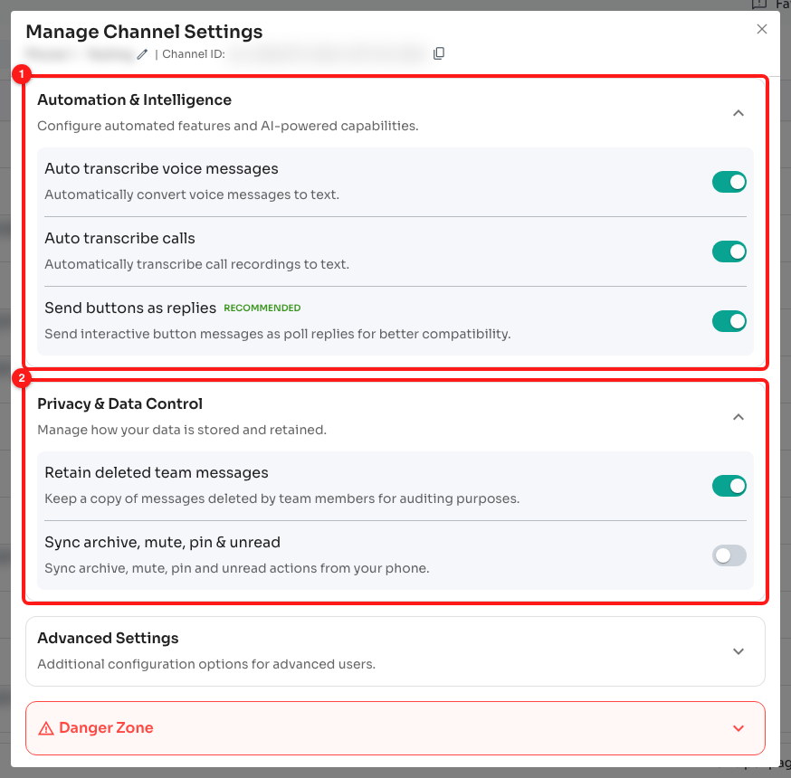 Step 4 — Automation & Intelligence (1) and Privacy & Data Control (2).