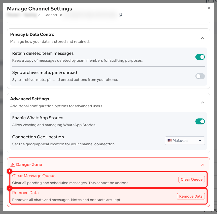 Step 6 — Clear Message Queue (1) and Remove Data (2) in the expanded Danger Zone.