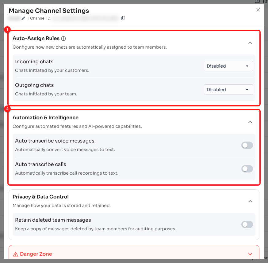 A WhatsApp Business API channel starts at Auto-Assign Rules (1), followed by Automation & Intelligence (2) — there is no sync or advanced section.