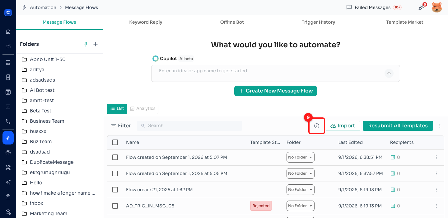 Message Flows — the (i) (9) on the flow list toolbar, next to Import.