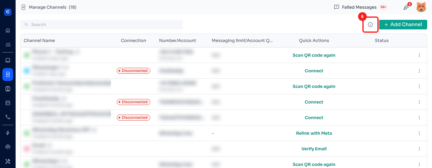 Step 5 — the same (i) button (6) on the Channels page, beside + Add Channel. Channel names and numbers are blurred here.