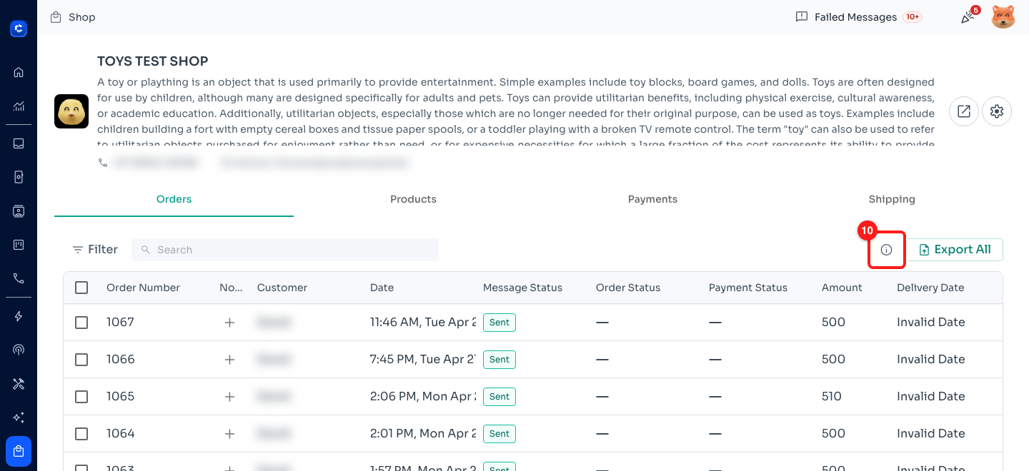 Shop → Orders — the (i) (10) beside Export All. Customer names are blurred here.