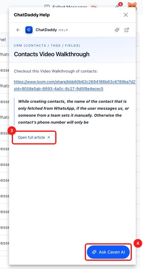 Step 3 — Open full article (3) and the Ask Caven AI button (4) inside the panel; the back arrow at the top left returns to the help home.