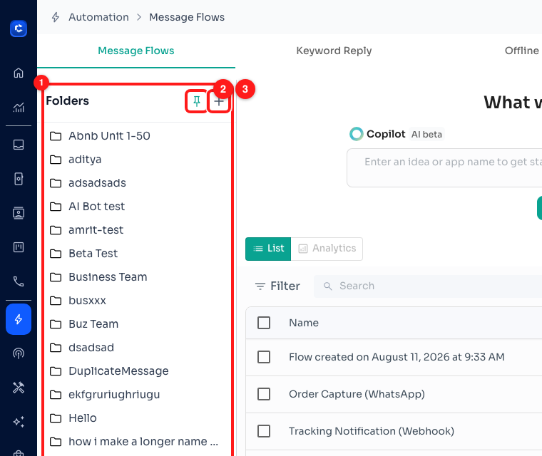 Step 1 — the Folders sidebar (1), the pin (2) and the + button (3).
