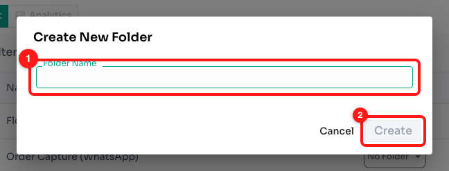 Step 2 — the Create New Folder dialog: the name field (1) and the Create button (2).