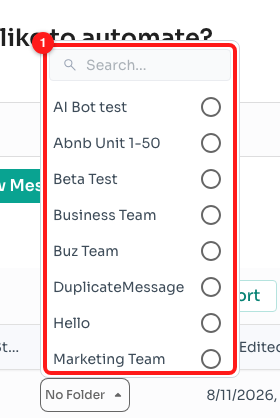 Step 3 — the folder picker (1), with a search box above the folder names.