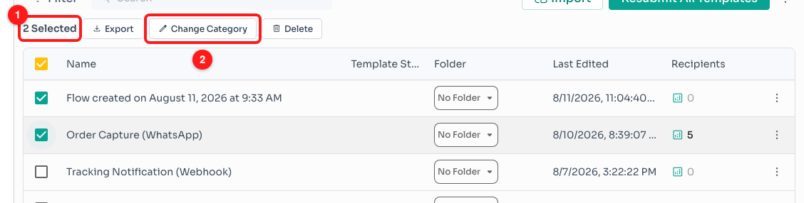 Step 4 — the selected count (1) and the Change Category button (2).