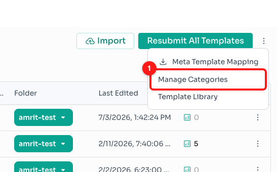 Step 6 — Manage Categories in the toolbar's ⋮ menu (1).