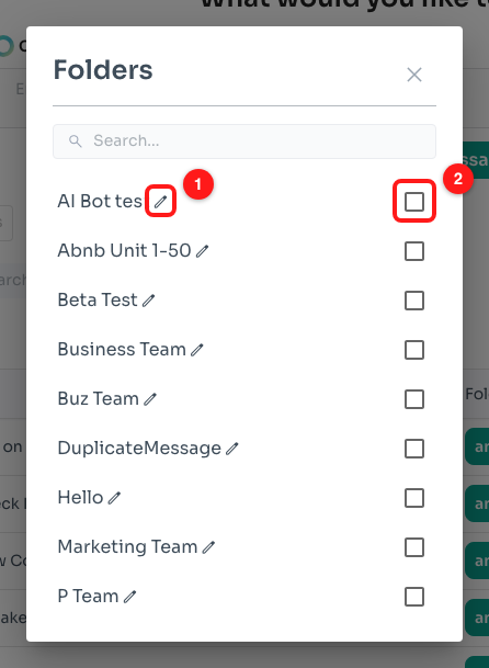 Step 6 — the rename pencil (1) and the selection checkbox (2).