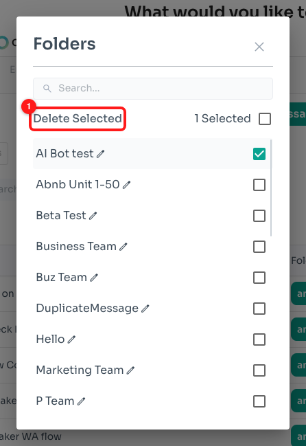 Step 6 — Delete Selected appears once you tick at least one folder (1).