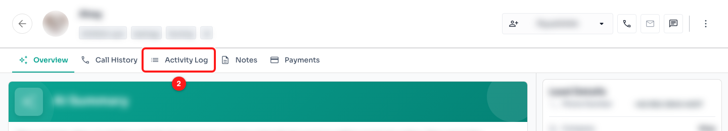 Step 2 — the Activity Log tab in the ticket's tab strip (2).