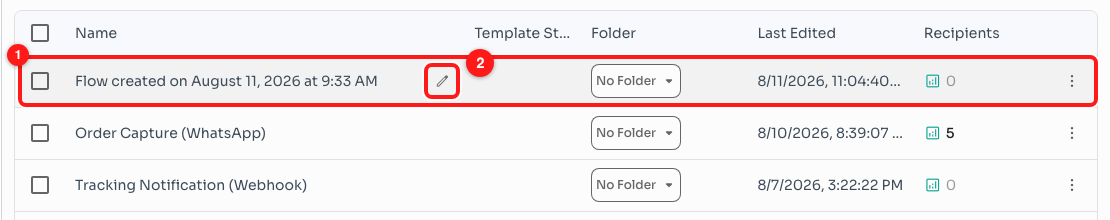 Step 1 — hover the row (1) and the rename pencil appears next to the name (2).