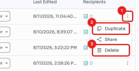 Step 4 — the row menu (1) holds Duplicate (2) and Delete (3).