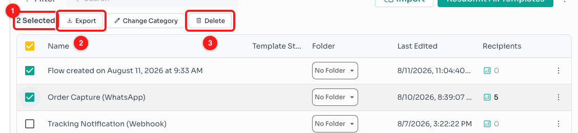 Step 6 — the selection count (1), Export (2) and Delete (3).