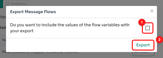 Step 6 — the variable-values checkbox (1), then Export (2).