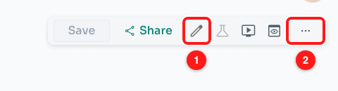 Step 3 — inside a flow: the pencil opens the flow details (1), the ⋯ button holds download, export and delete (2).