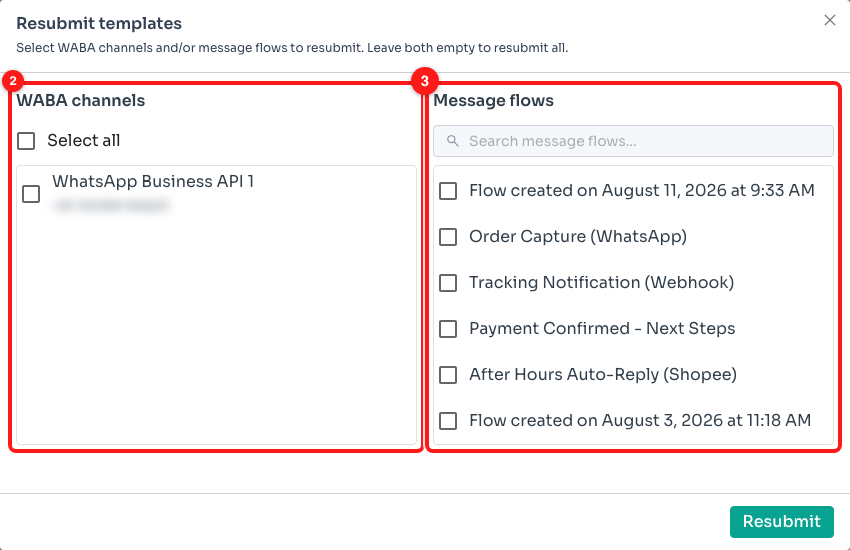 Step 2 — the channel picker (2) and the flow picker (3).