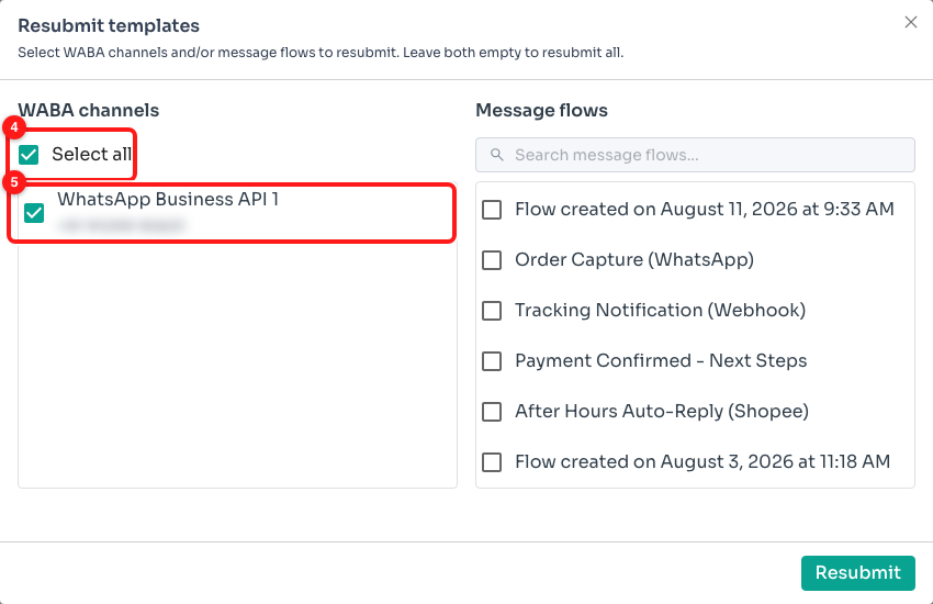 Step 3 — Select all (4) ticks every channel; you can also tick them one at a time (5). The phone number here is blurred.