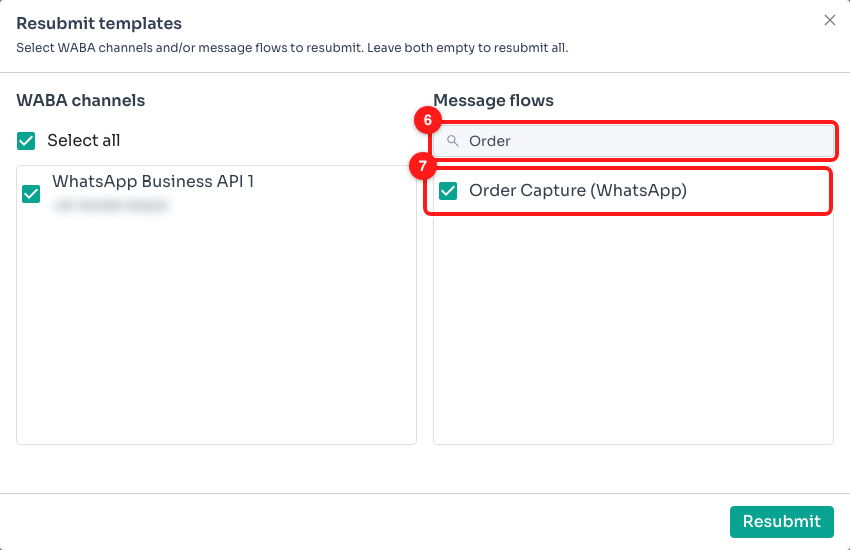 Step 4 — search narrows the list (6), then tick the flow you want (7).