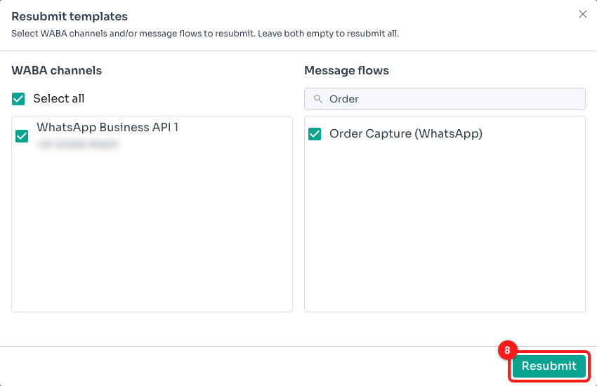 Step 5 — the Resubmit button (8). Everything ticked above is included in the job.