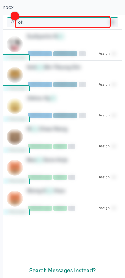 Step 1 — the Search box above the chat list (1). Contact details are blurred here; on your screen you will see the real names.