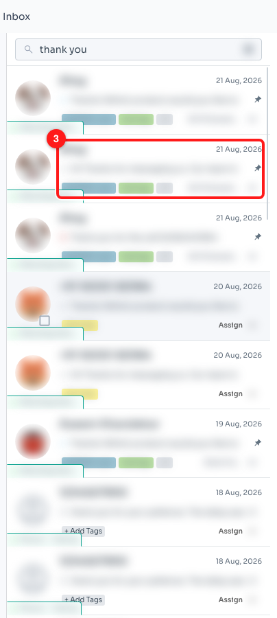 Step 3 — one result per matching conversation, dated by the message that matched (3).