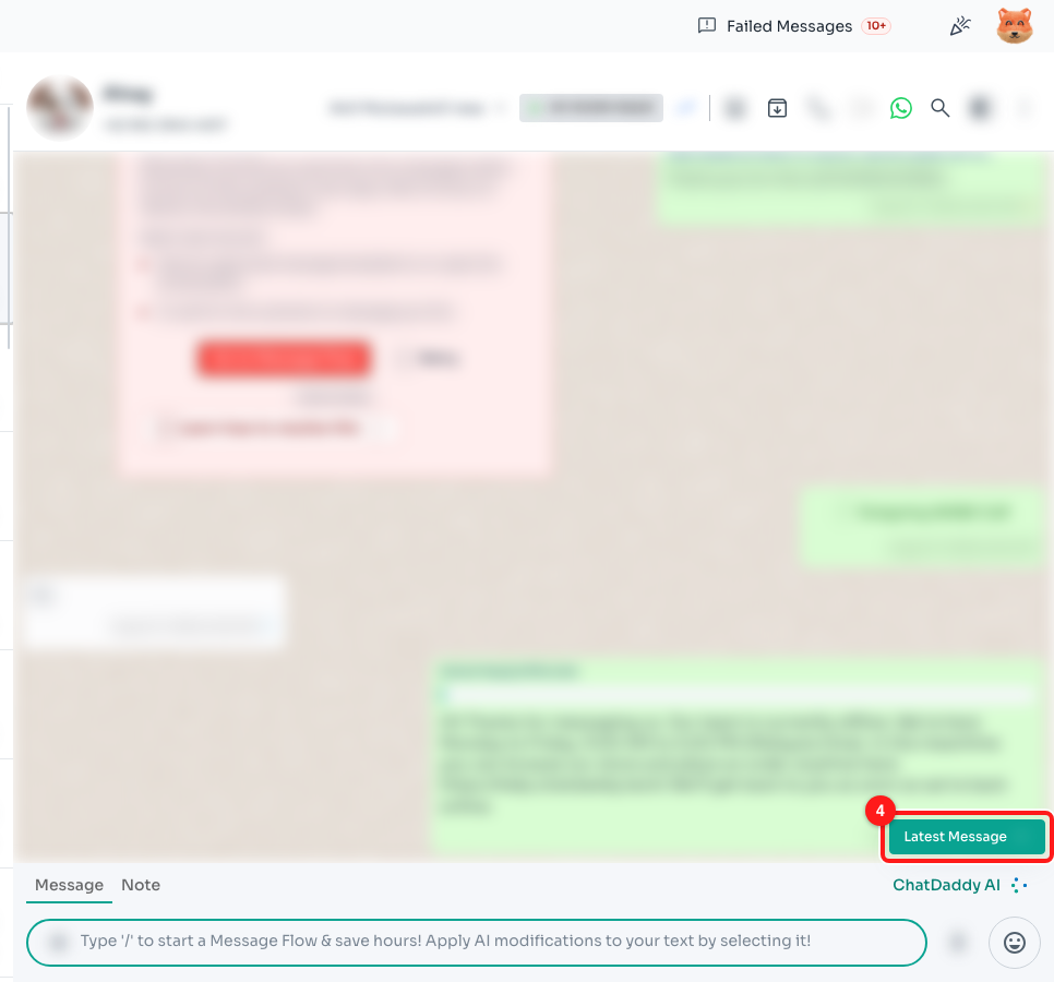 Step 4 — the conversation opened at the search hit; Latest Message takes you back to the present (4). The messages are blurred for privacy.