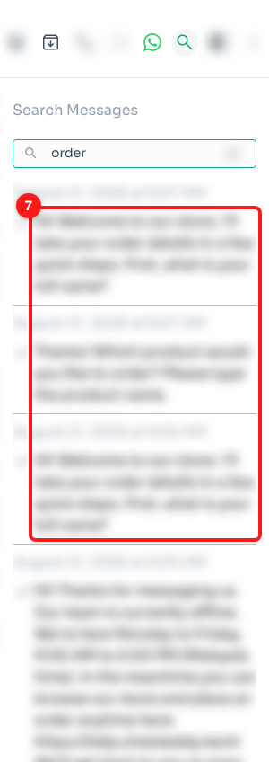 Step 6 — every message in this chat containing the word, with its date (7).