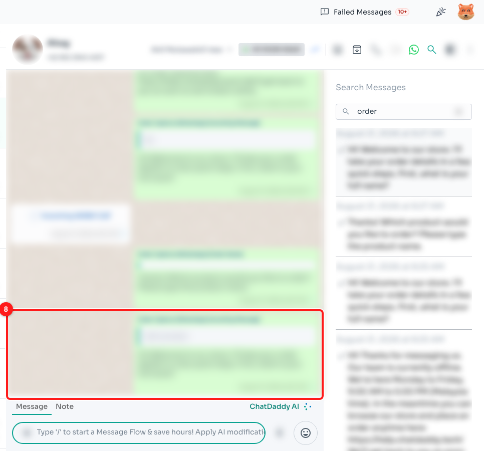 The message you clicked, scrolled into view and briefly highlighted (8).