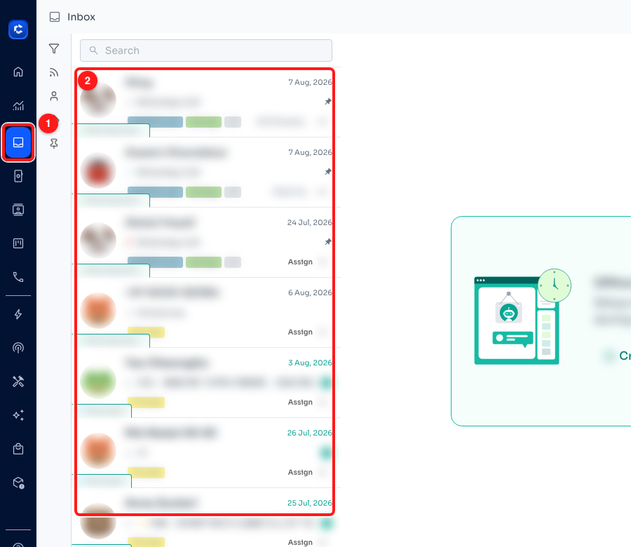 Step 1 — the Inbox icon in the left sidebar (1) and the chat list you pick the conversation from (2). Customer details are blurred here.