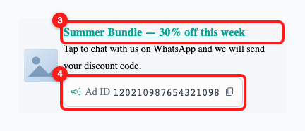 Step 2 — the headline links straight to the ad or post (3); the grey row underneath carries the label and the ID (4). Example ad shown.
