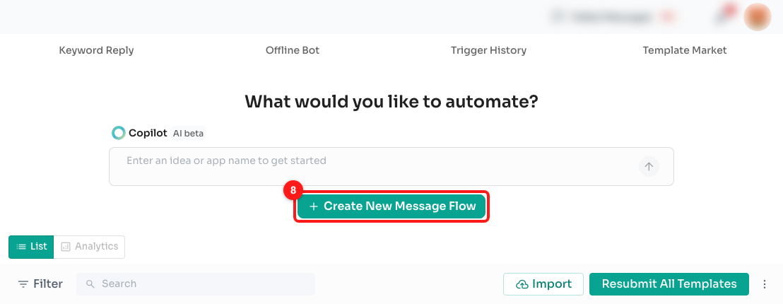 Step 5 — the Create New Message Flow button on the Message Flows page (8).