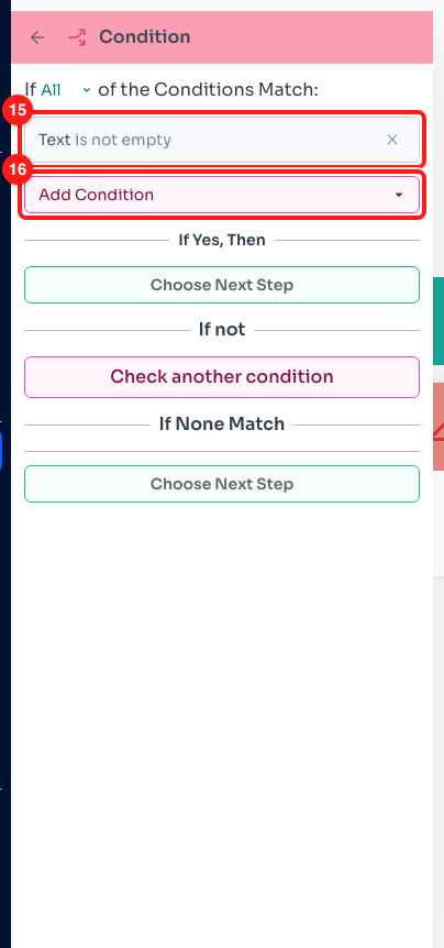 Step 8 — the placeholder rule to remove (15) and the Add Condition button (16).