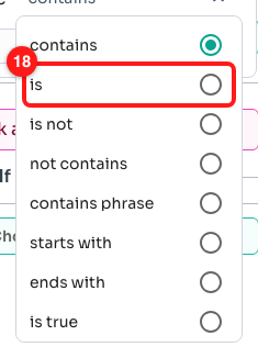 Step 8 — the “is” operator in the operator list (18).