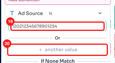 Step 8 — the Ad ID pasted into the value box (19), and + another value for a second ad (20). The ID shown here is an example.