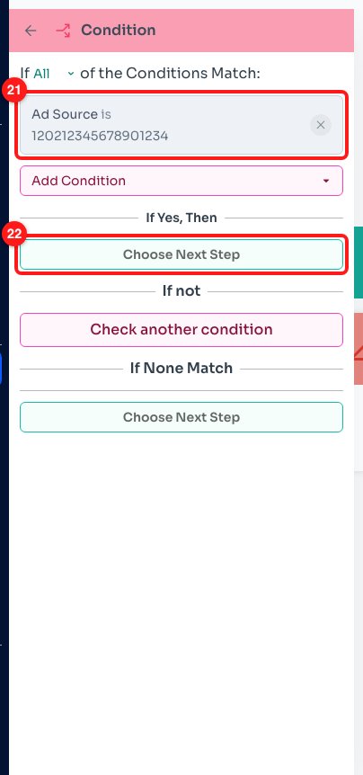 Step 9 — the finished Ad Source condition (21) and the If Yes, Then branch where the rest of the flow goes (22).