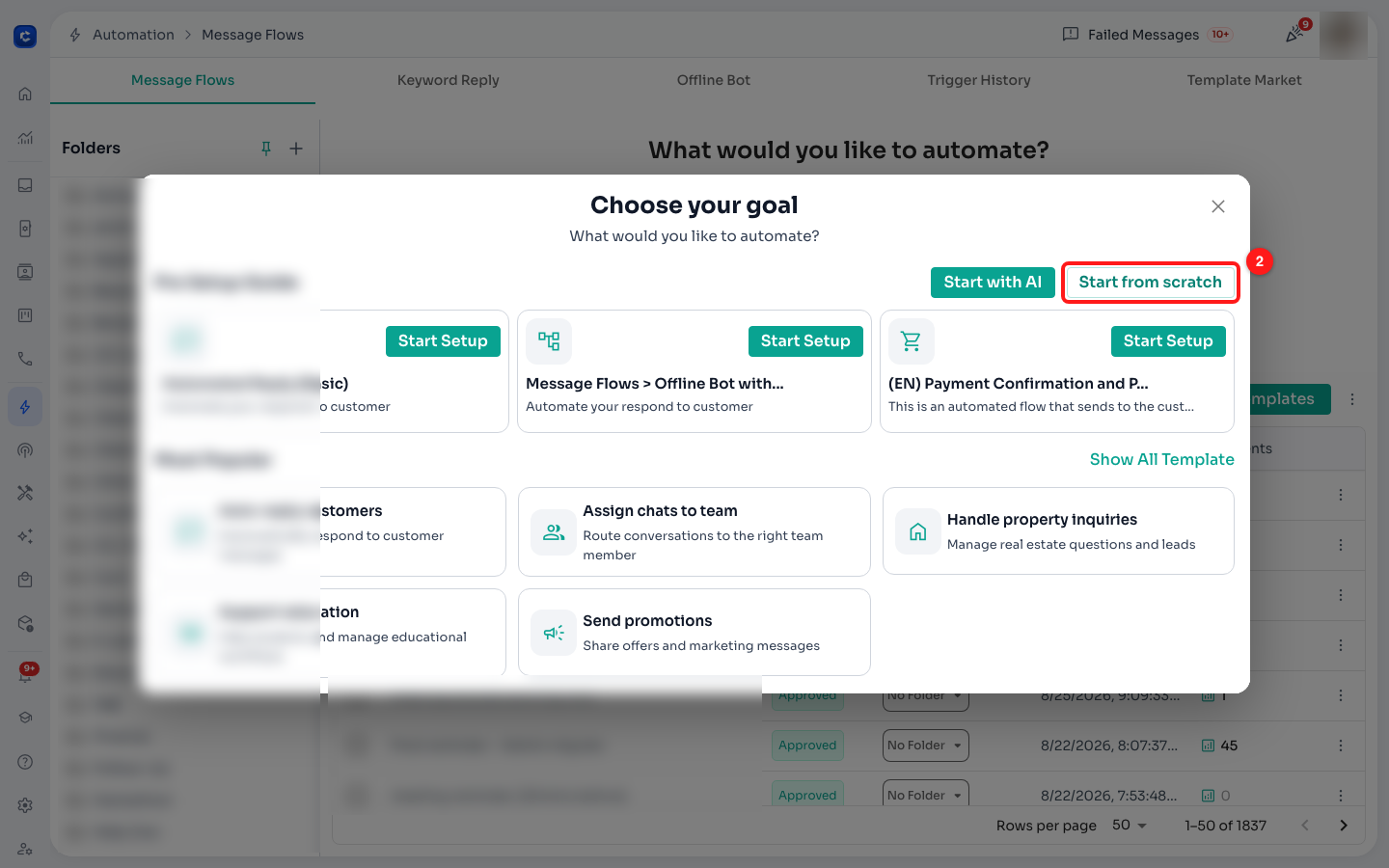 The "Choose your goal" dialog — Start from scratch opens an empty canvas.