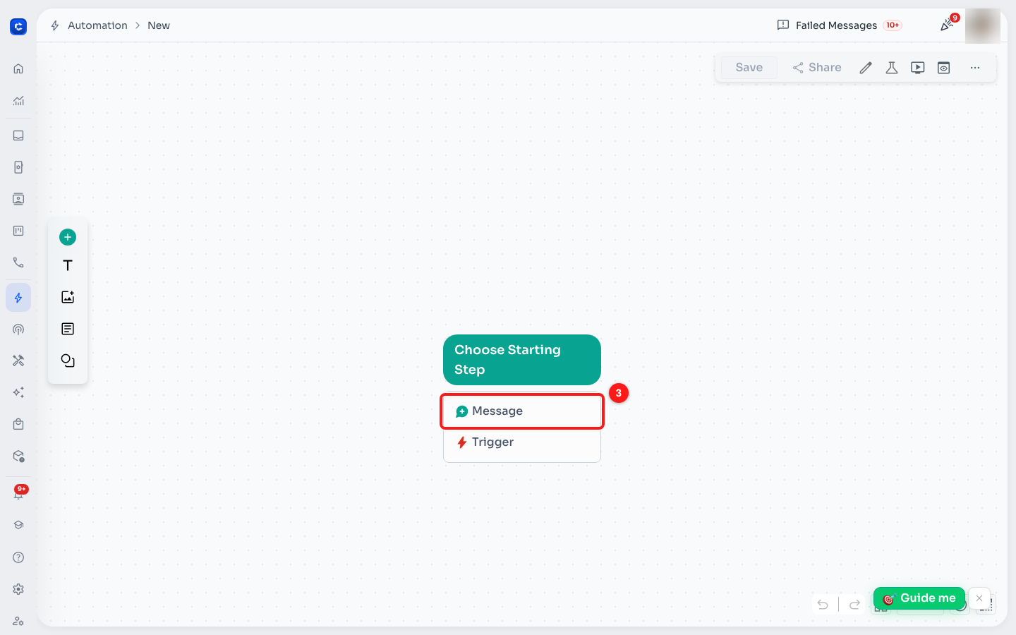 Choose Starting Step → Message.