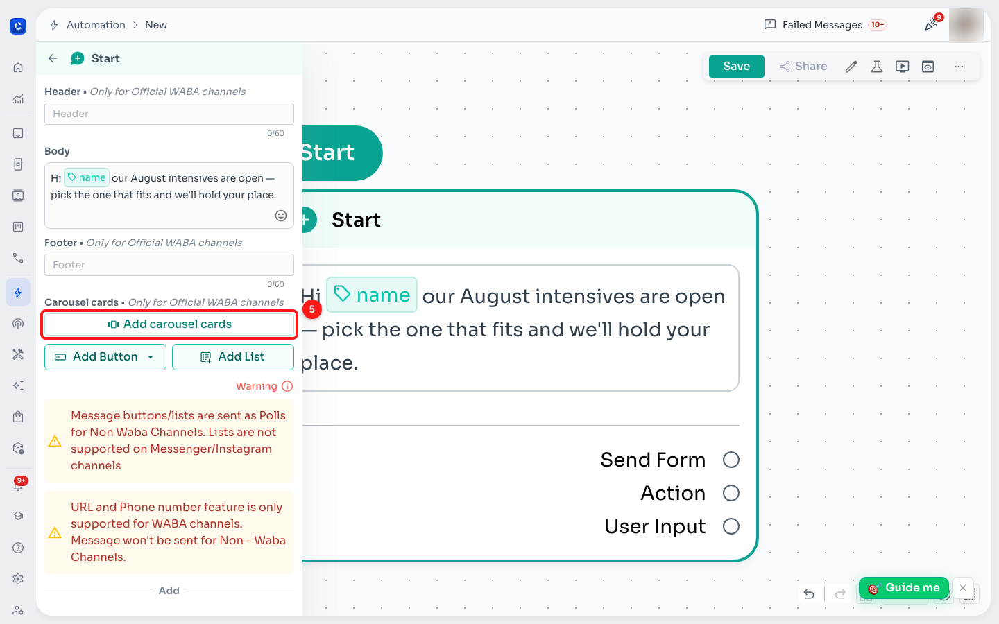 The Carousel cards section, below Footer in the message settings panel.