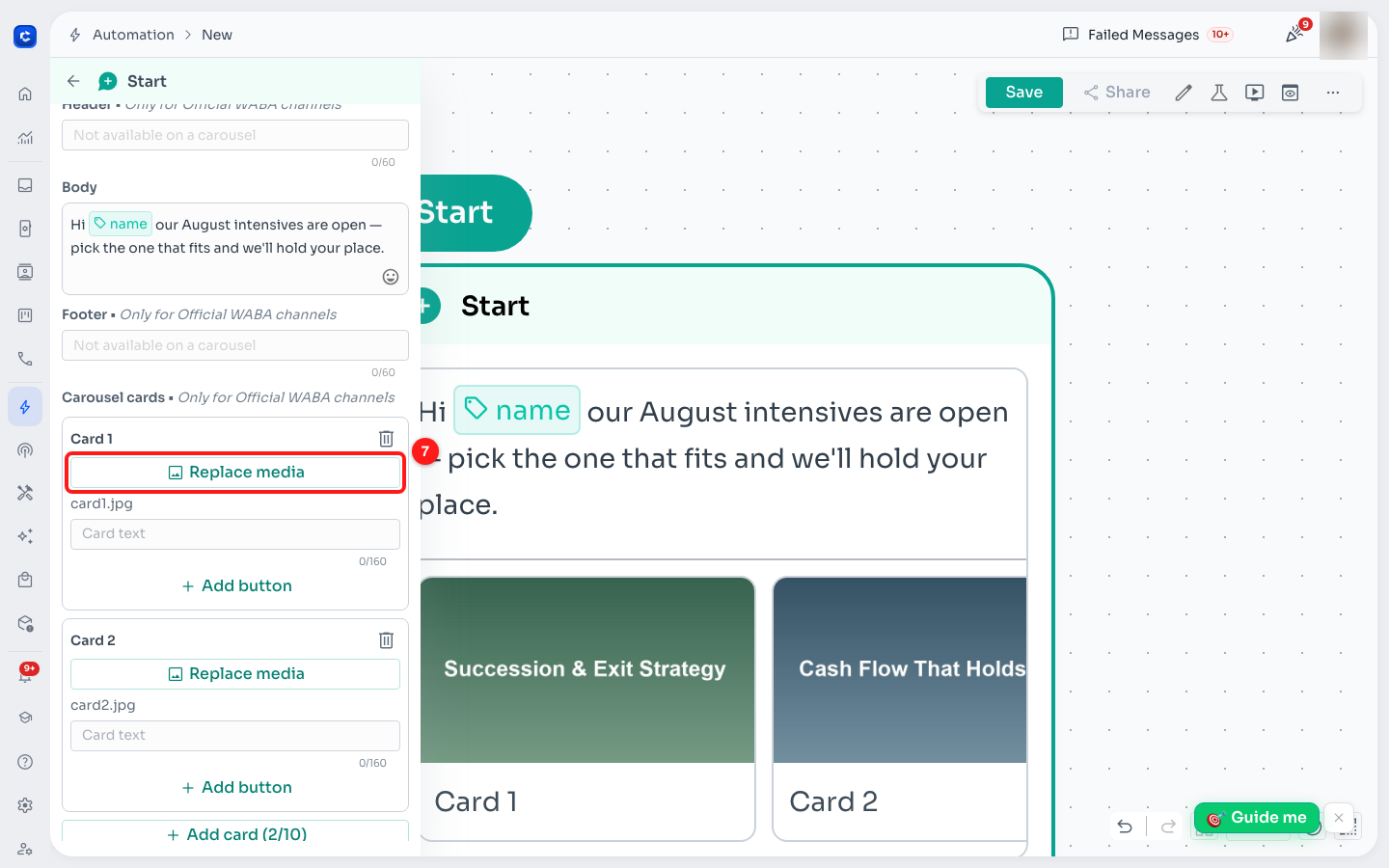 Both cards have media. The canvas on the right previews the carousel as you build it.