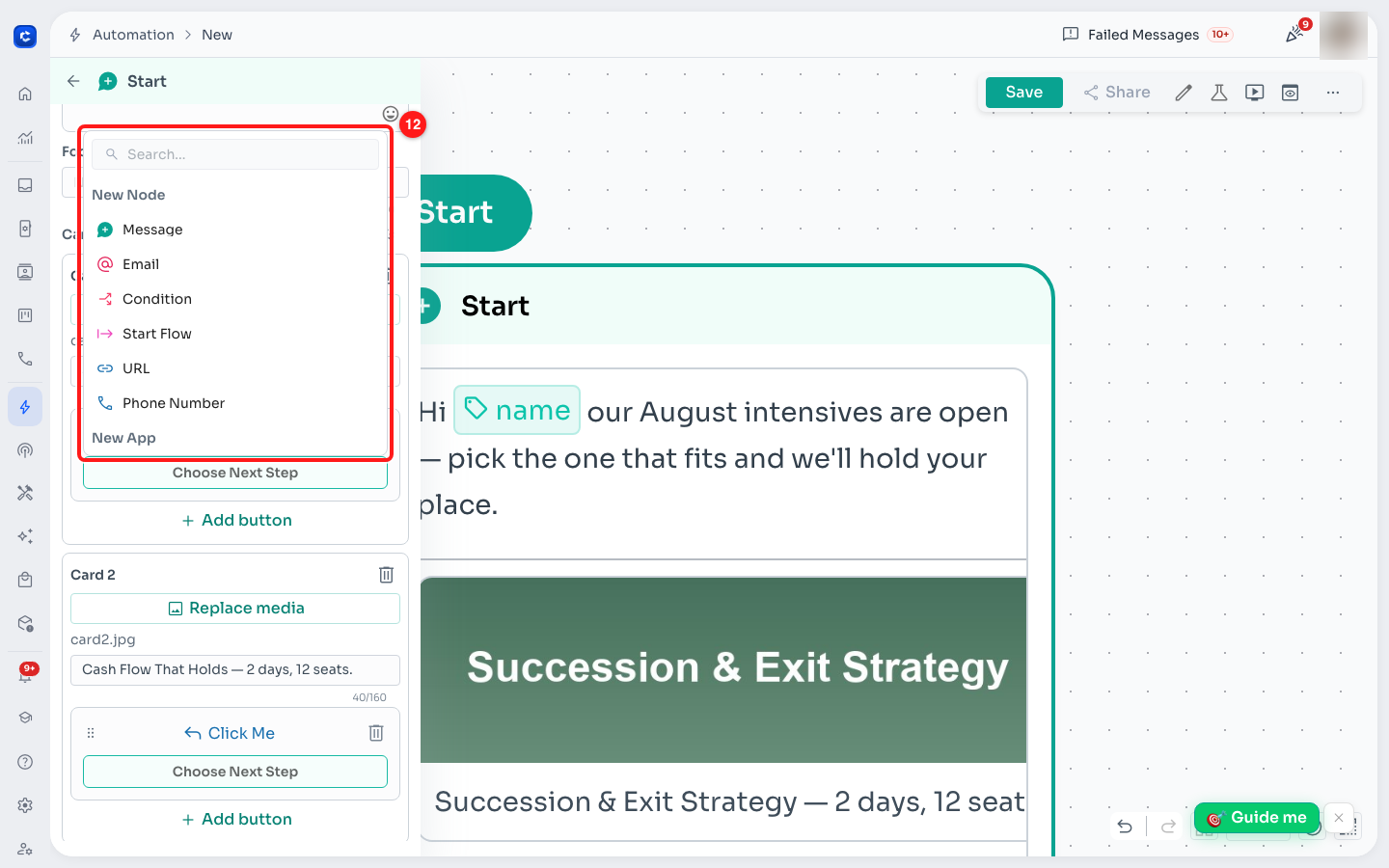 Choose Next Step: reply targets at the top, URL and Phone Number underneath.